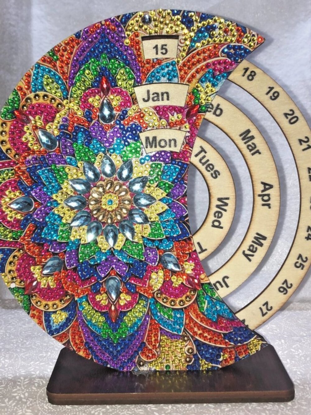 Handmade Wooden Mandala perpetual desk calendar, diamond art beaded, office
